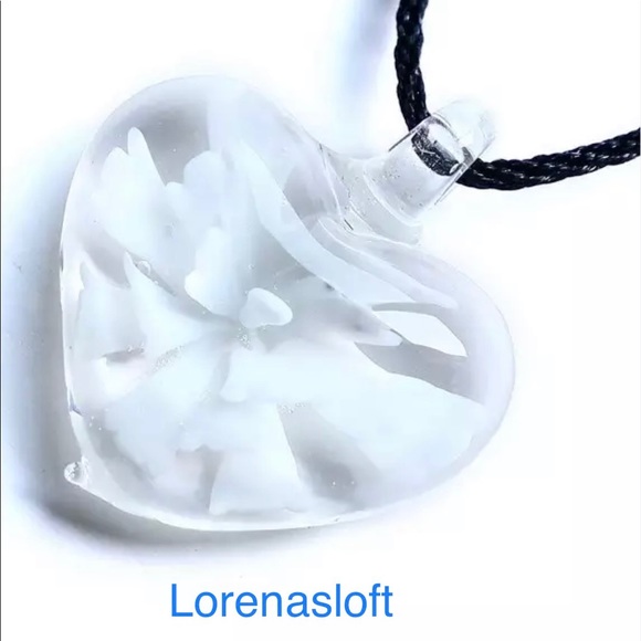Jewelry - Handblown Glass White Flower Heart Pendant